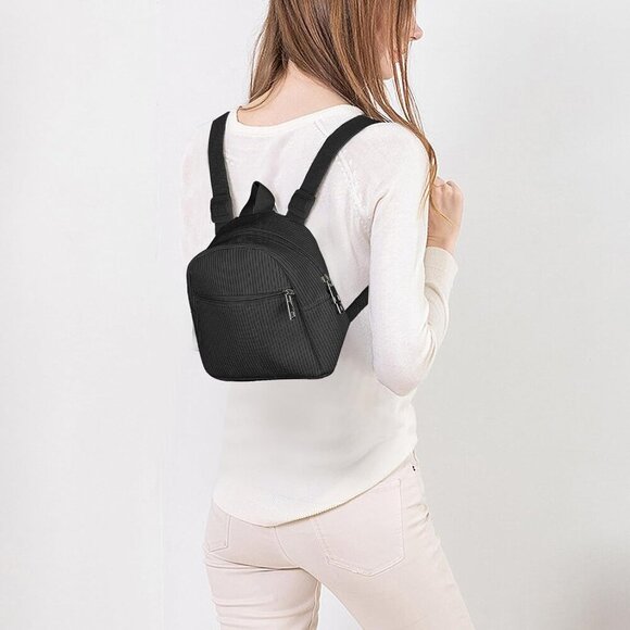 Corduroy Mini Backpack Womens Small Travel Shopping Purse Black - Picture 7 of 7